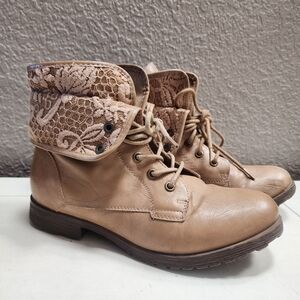Rock & Candy Spraypaint Lace Combat Foldover Boho Ankle Boots, Cream‎ Tan Sz 7.5